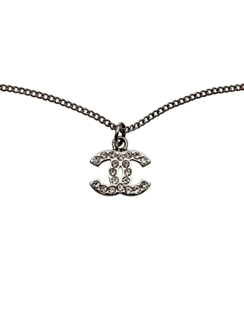 Chanel CC Logo Necklace 09 44 Rhinestone Metal Clear Silver